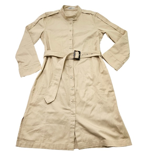 BLDWN Sz M Button Up Tie Waist Collared Morris Trench Coat Dress in Studio Beige - Picture 5 of 14